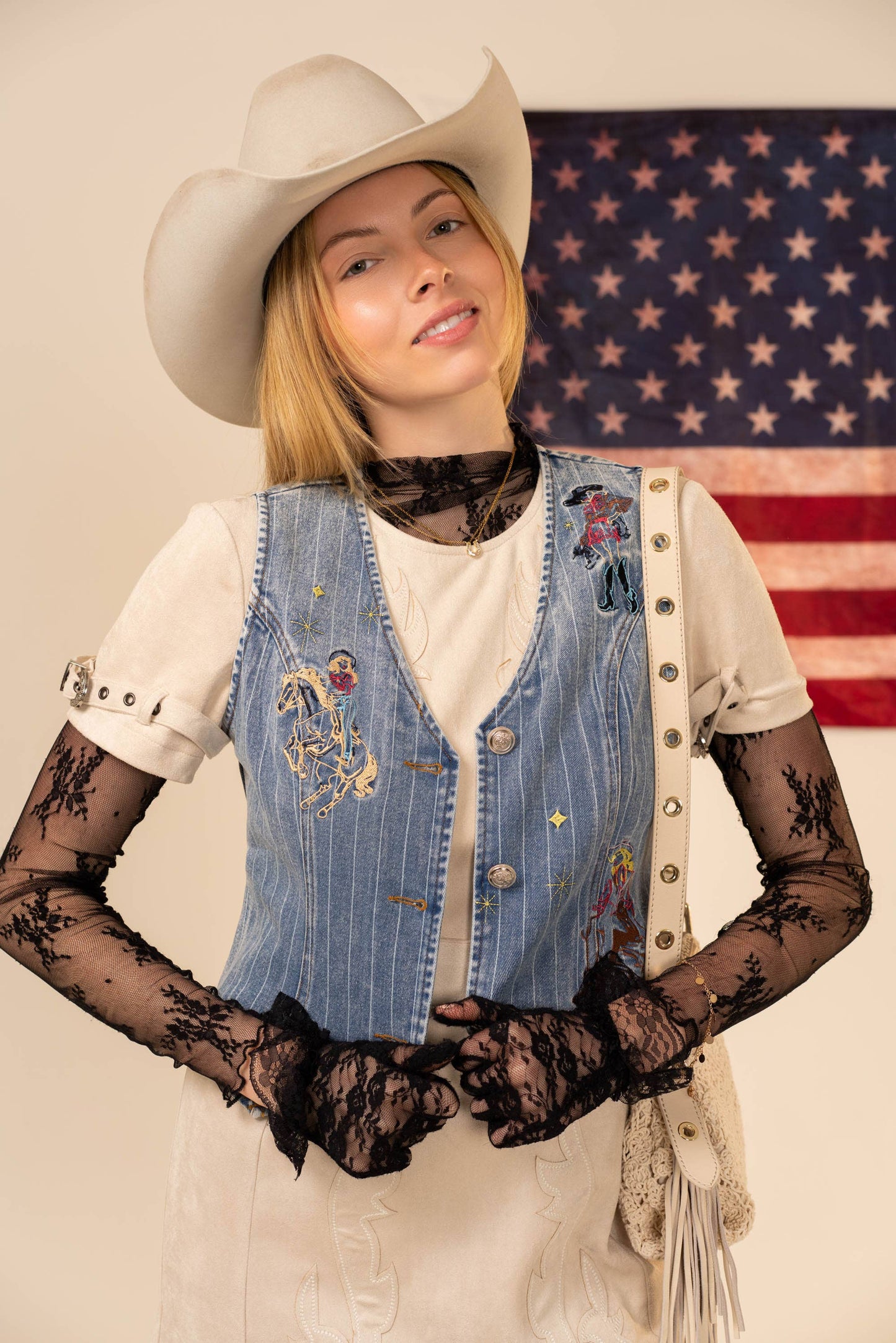 Pinstripe Embroidered Denim Vest