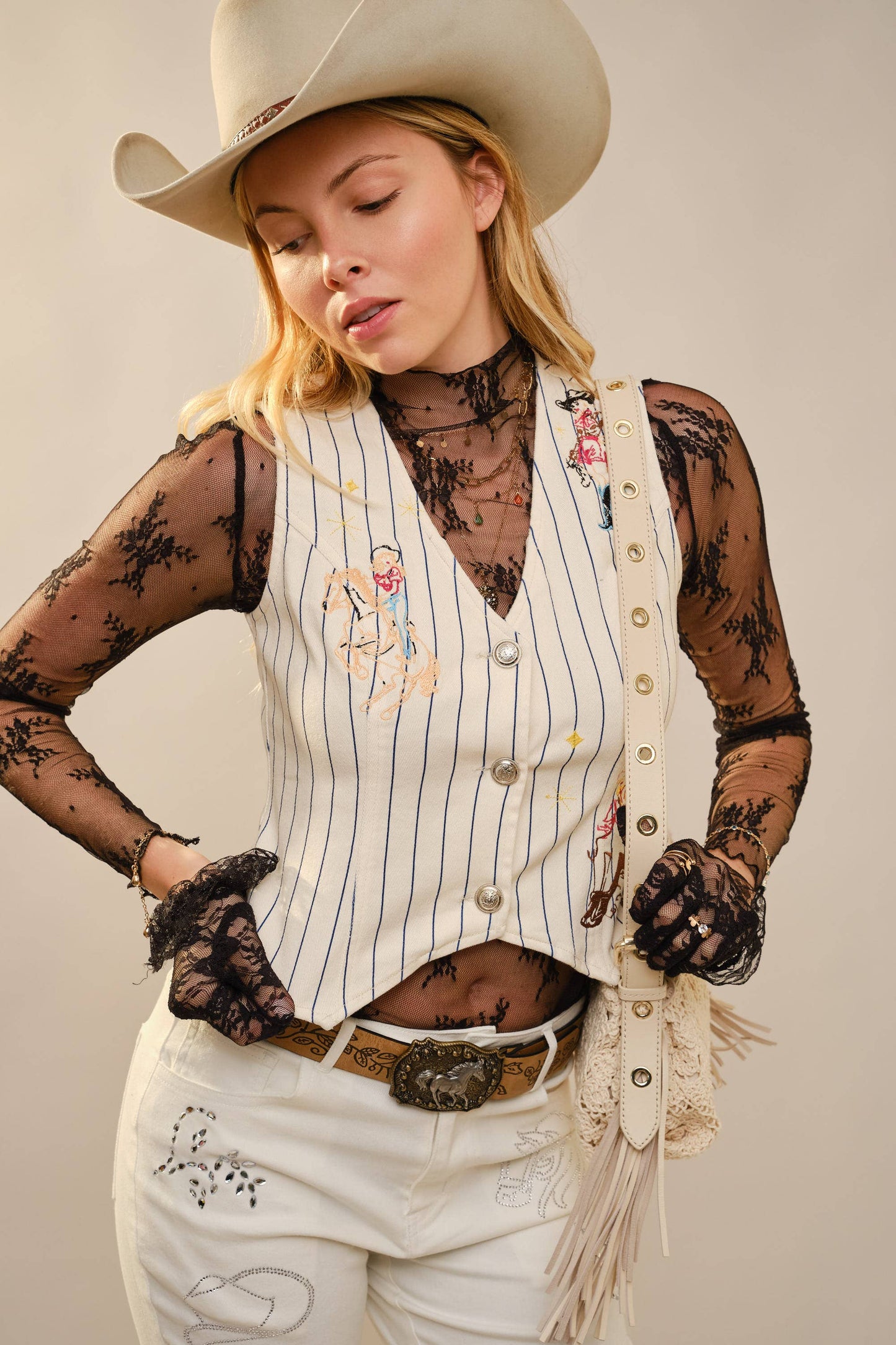 Pinstripe Embroidered Denim Vest