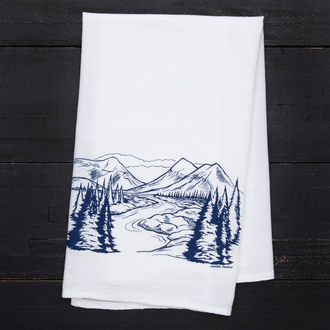 Screen printed mountain tea towel by Counter Couture, made in USA, featuring a scenic mountain design for kitchen decor.
