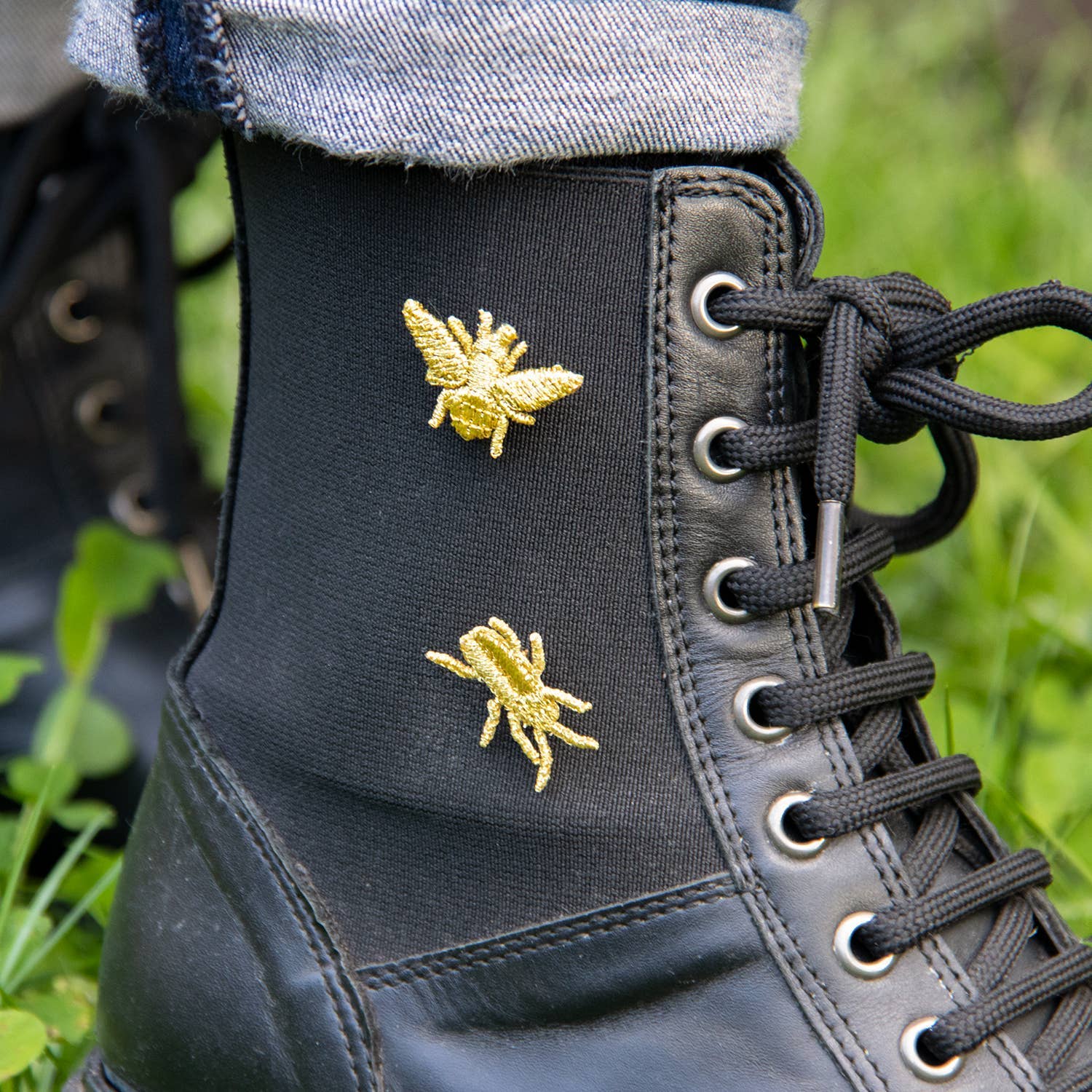 Golden embroidered bug pins with three tiny insect designs, perfect for plant lovers, by Botanopia USA.