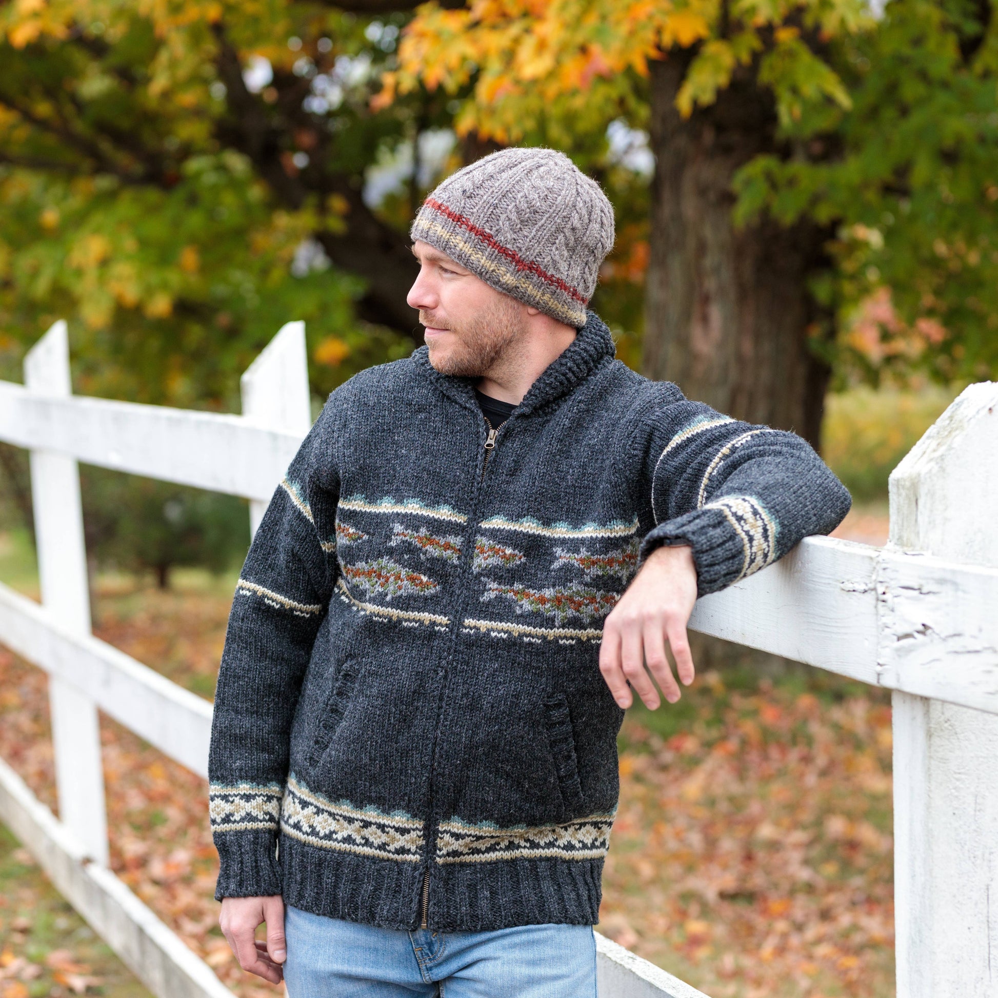 Lost Horizons Knitwear Gone Fishing sweater featuring a cozy knit design with fishing-themed patterns and earthy tones.