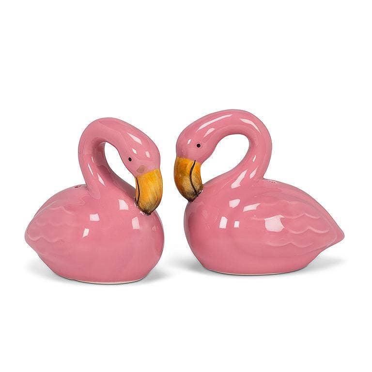 Abbott Sitting Flamingo salt and pepper shakers featuring a pink flamingo design with a cheerful, whimsical pose.