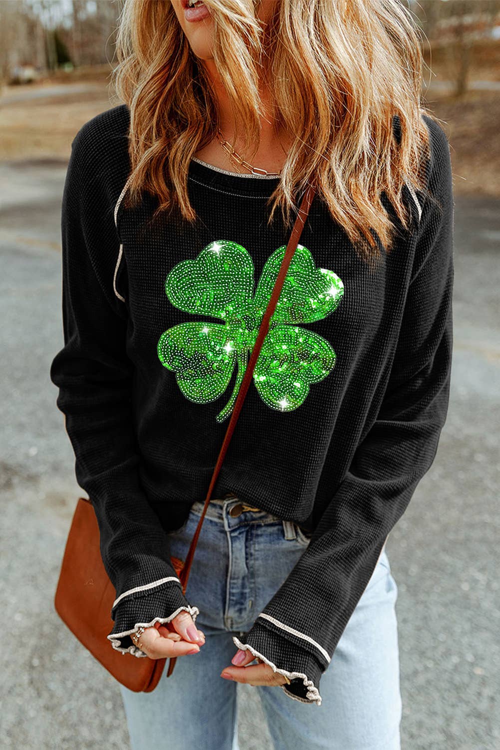 Little Daisy Closet LDC sequin four-leaf clover contrast lettuce trim top, showing a stylish women's blouse with decorative leaf design.
