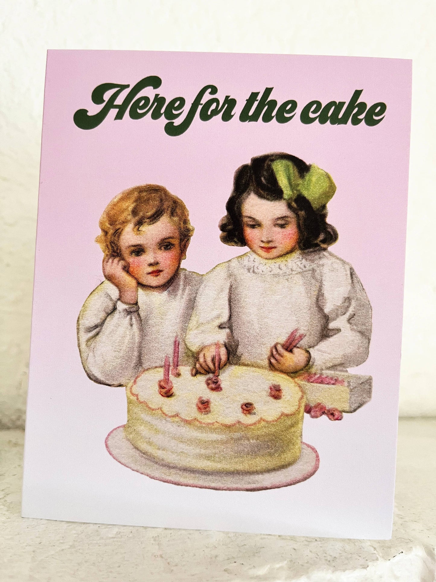 Funny birthday wedding celebration card by The Coin Laundry with a humorous "Here for the Cake" message and colorful design.