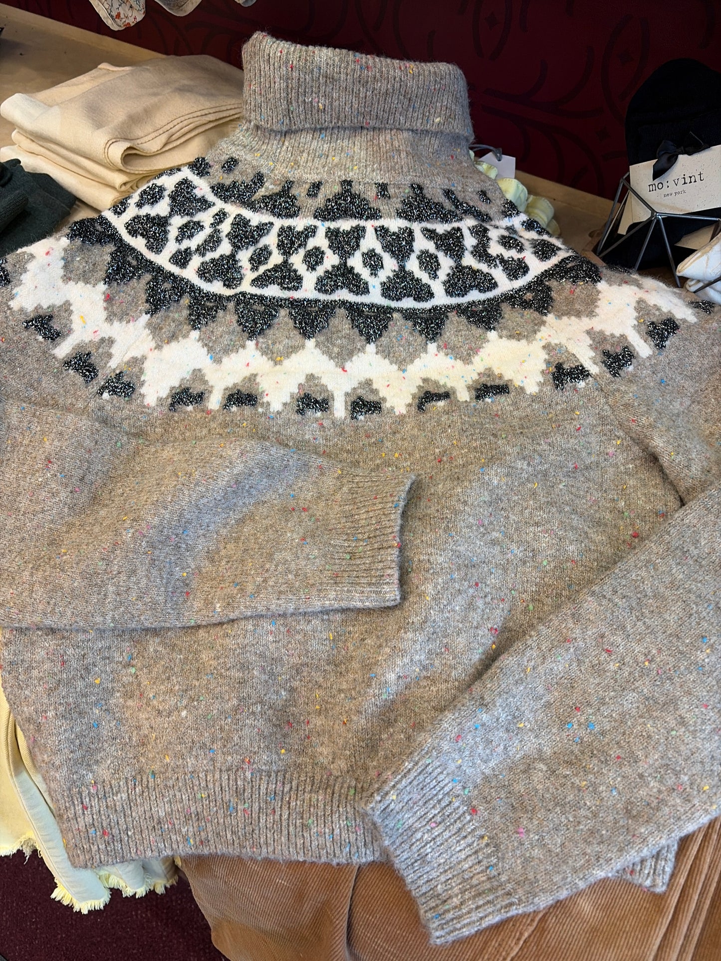 Skies Are Blue Fair Isle Sparkler sweater featuring colorful traditional knit pattern and cozy fit, front view.