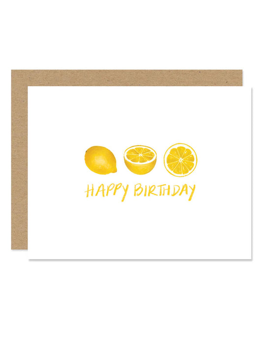Happy Birthday card featuring bright lemons design from Maddon and Co, showcasing cheerful citrus artwork on the front.