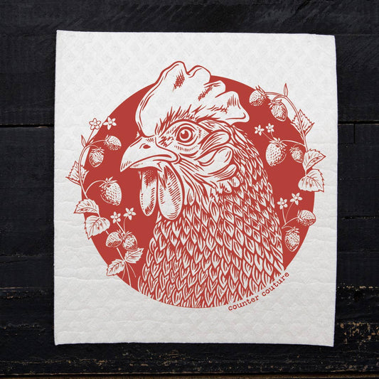 Swedish dish cloth featuring chicken and berries pattern by Counter Couture, showcasing a colorful, reusable kitchen cleaning cloth.