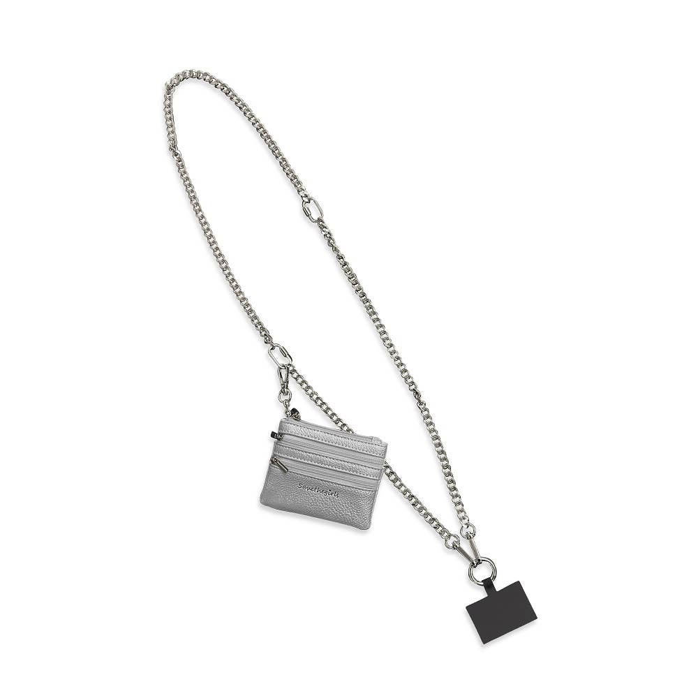 Save The Girls Clip & Go crossbody phone strap attached to a smartphone, showcasing a stylish and functional phone accessory.