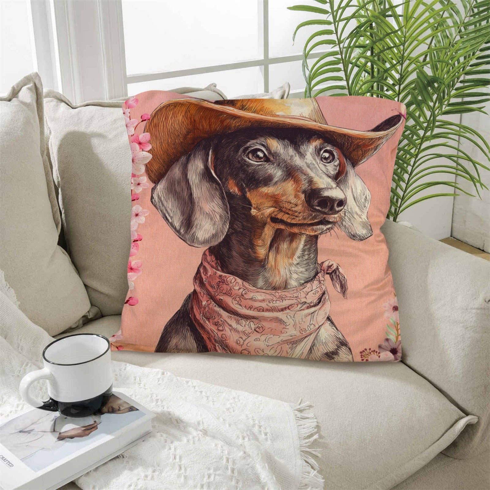 Danilo painted Dachshund pillow case by BAHA RANCH Western Wear featuring colorful dog artwork on soft fabric.