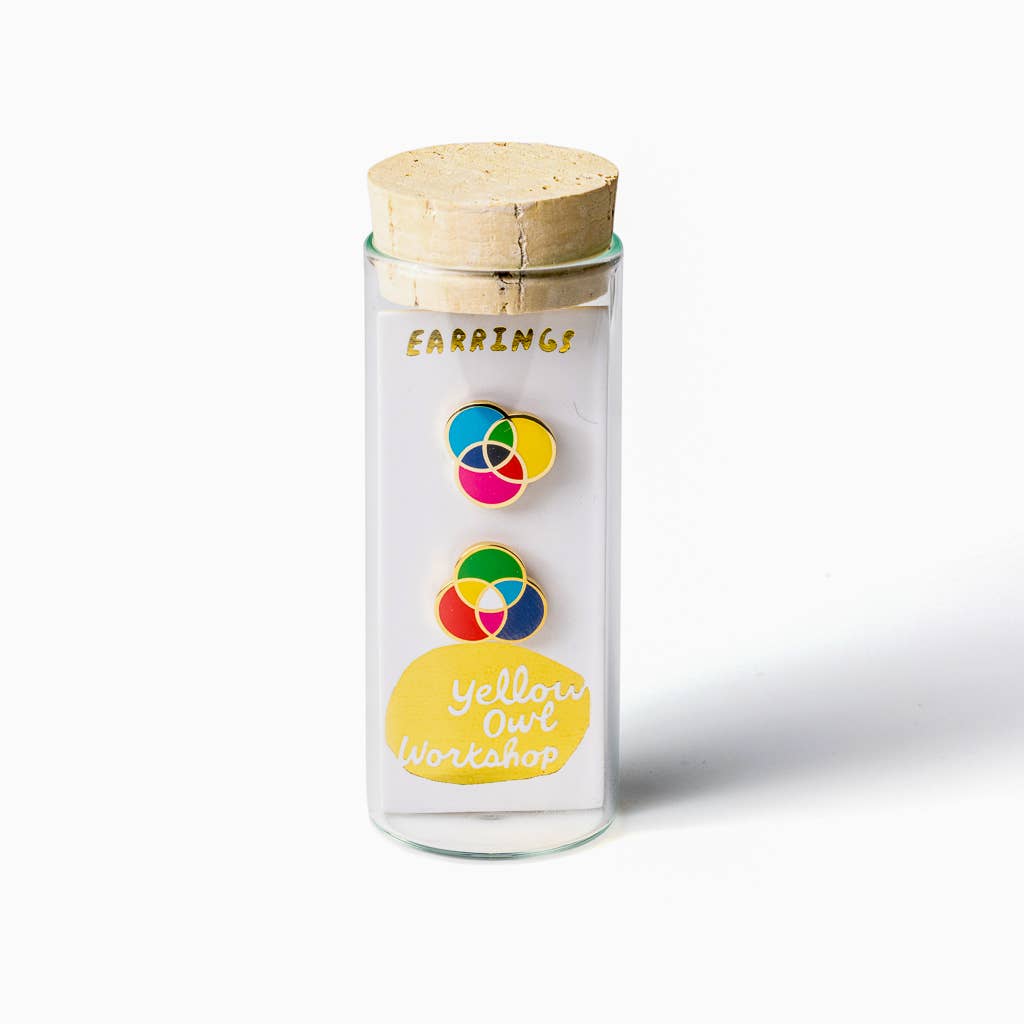 Yellow Owl Workshop RGB and CMYK earrings featuring colorful, geometric design with vibrant hues and modern style.