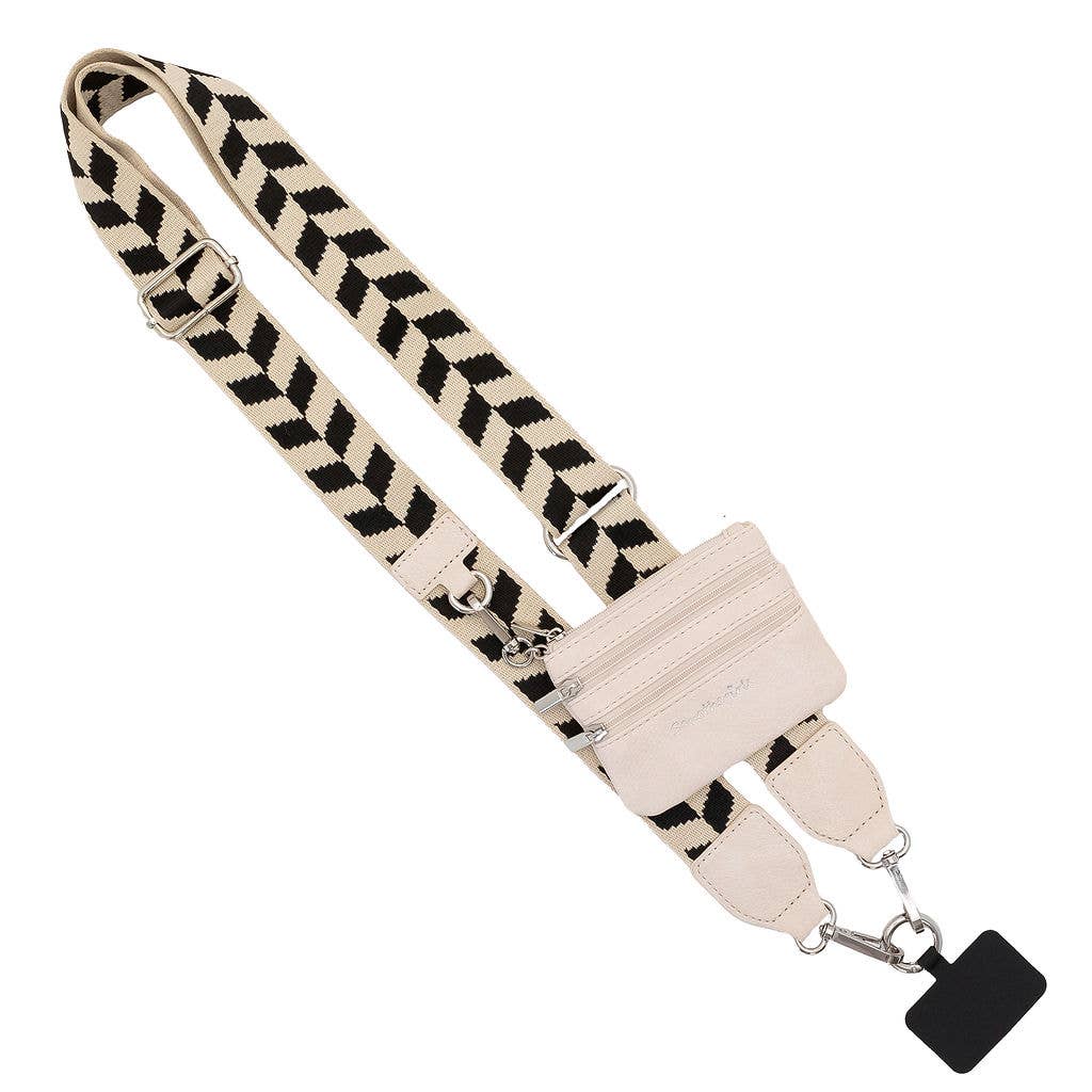 Save The Girls Clip & Go Crossbody Strap with zippered pouch for phones, featuring adjustable strap and stylish design.
