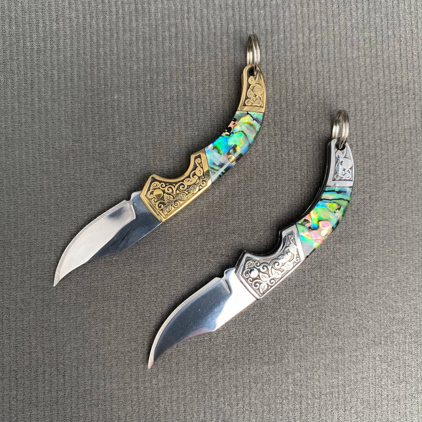 Mio Queena Shell Inlaid Tiny Knife with detailed shell inlay on compact, elegant knife blade and handle.