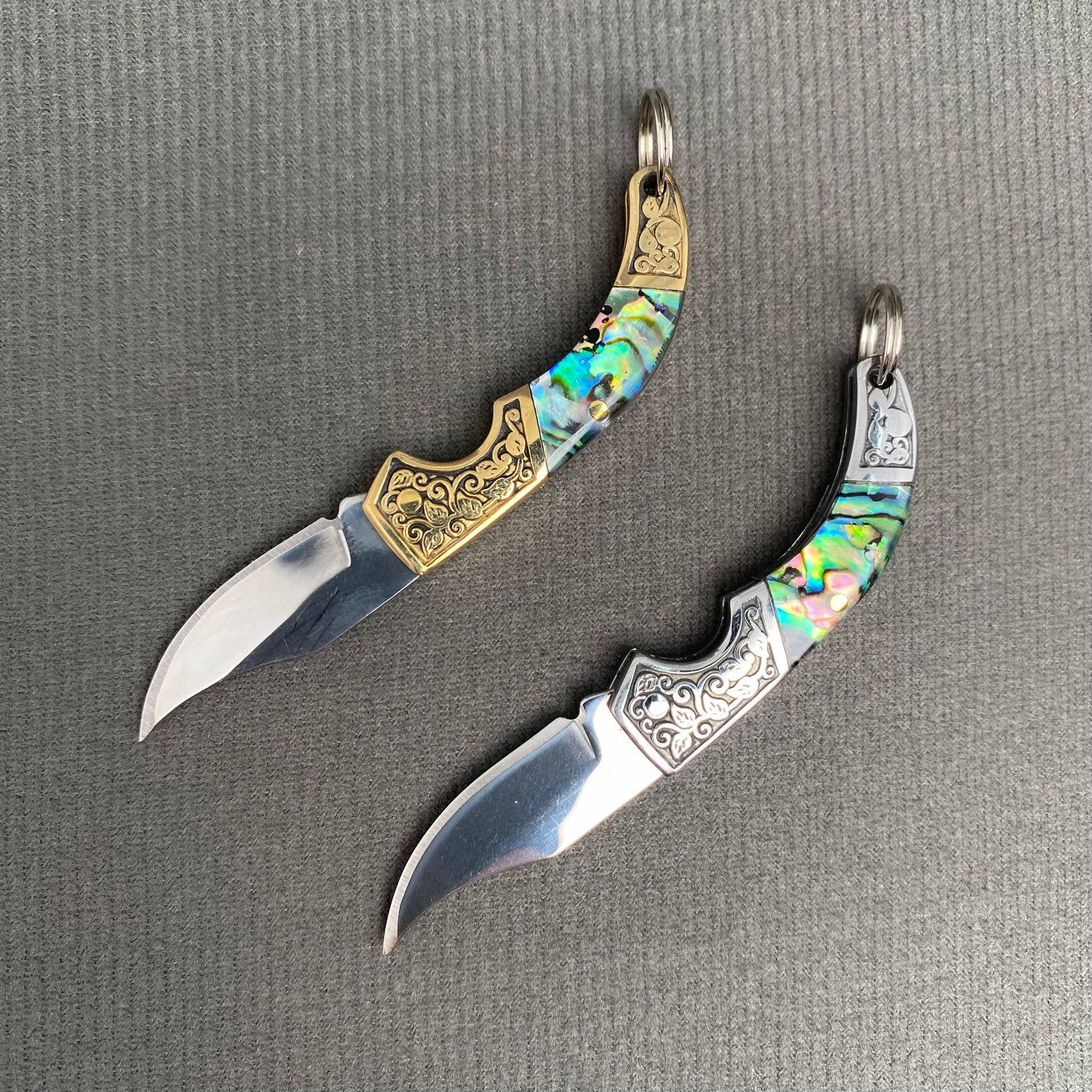 Mio Queena Shell Inlaid Tiny Knife with detailed shell inlay on compact, elegant knife blade and handle.