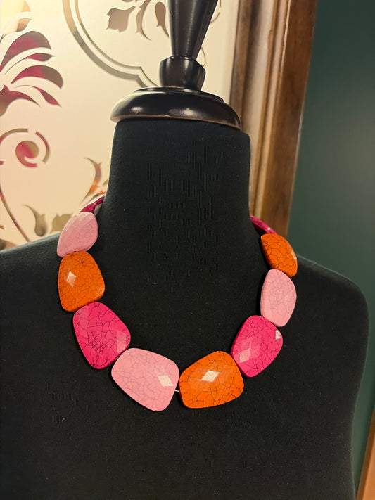 Pink and orange chunky Queen Gypsy necklace with bold beads and layered design, perfect for statement jewelry.