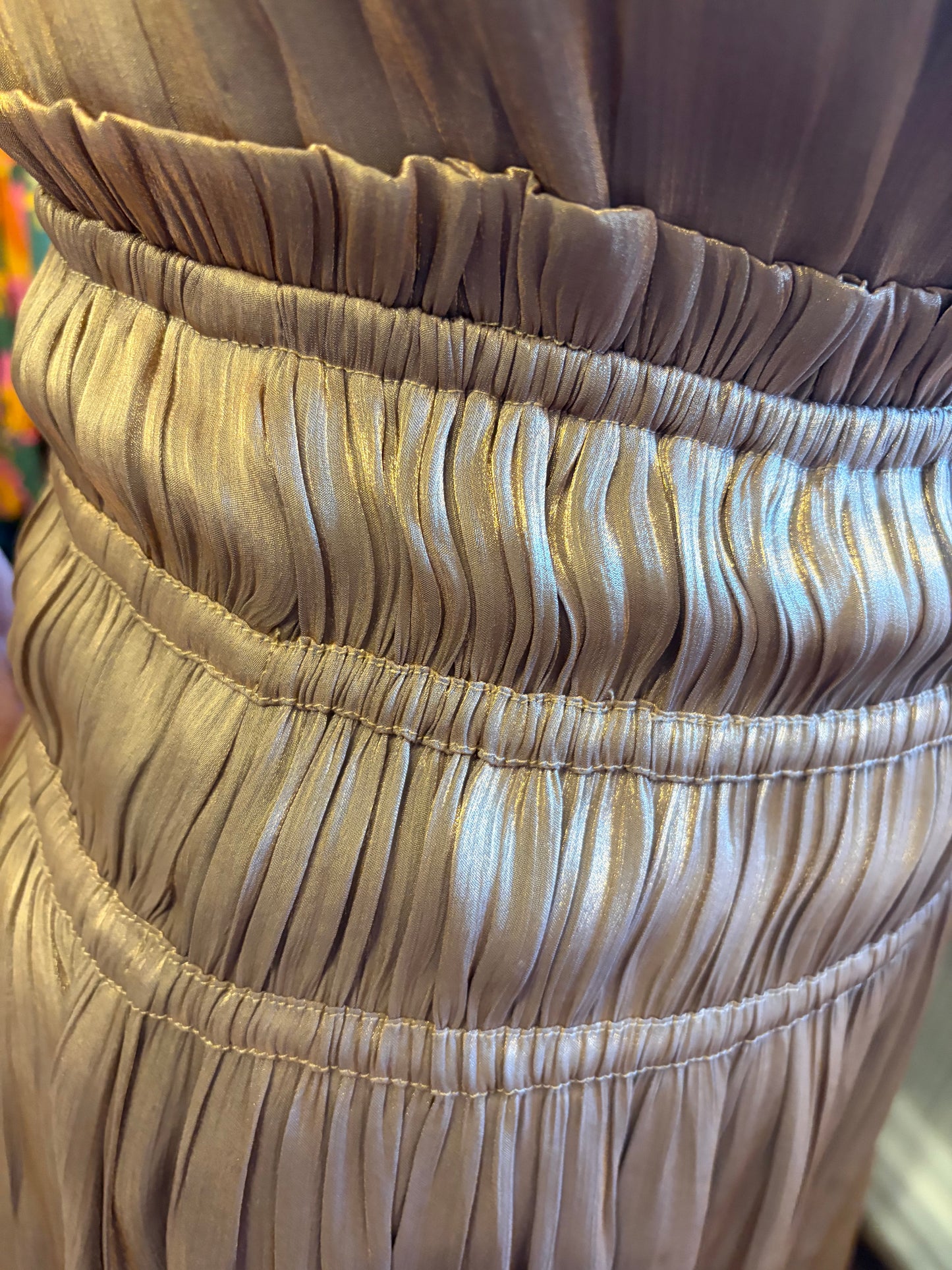 Golden silk halter dress by Current Air featuring a flowing design and elegant neckline, perfect for summer or evening wear.