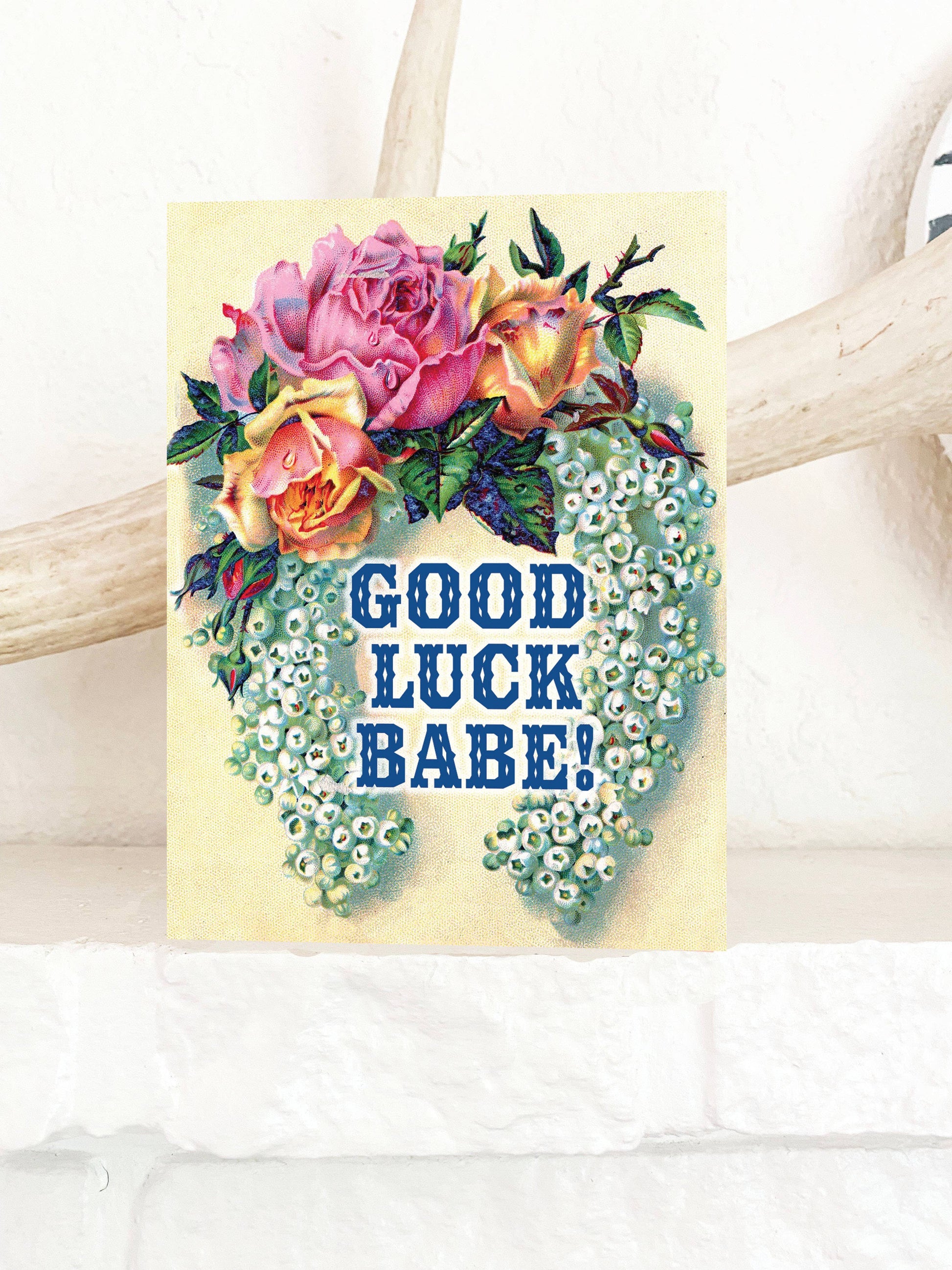 Good Luck Babe greeting card from The Coin Laundry featuring playful handwritten-style text and cheerful design elements.