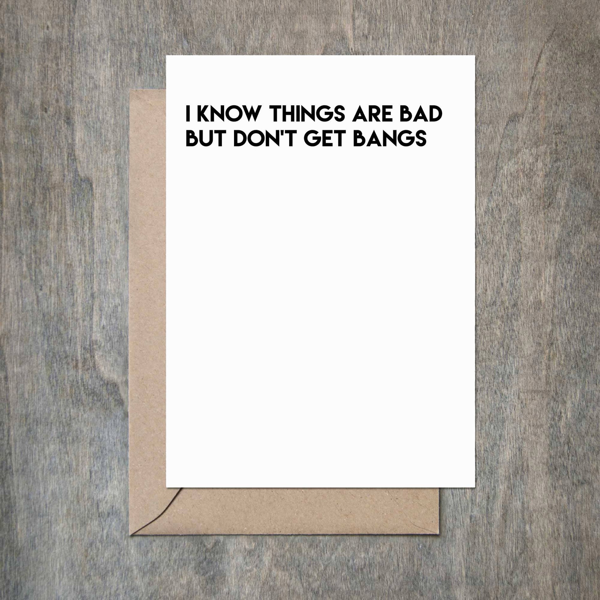 Don't Get Bangs card by Crimson and Clover Studio featuring playful, colorful design on a greeting card for humorous messages.