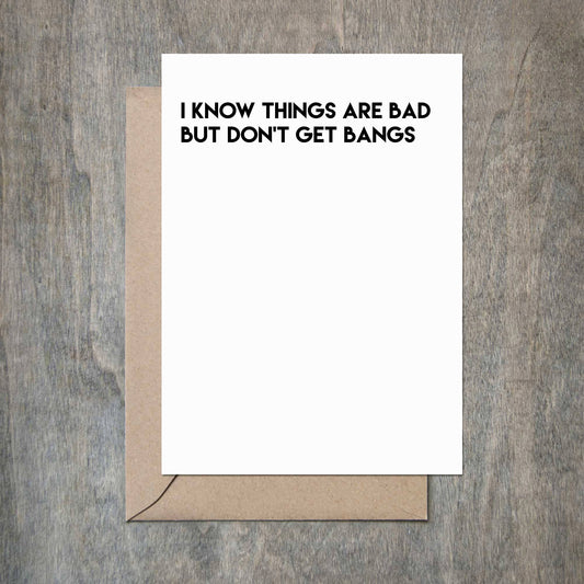 Don't Get Bangs card by Crimson and Clover Studio featuring playful, colorful design on a greeting card for humorous messages.