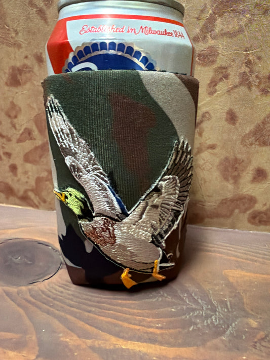 Queen Gypsy Camo Mallard drink koozie featuring a camo pattern and mallard duck design, perfect for keeping beverages cold.