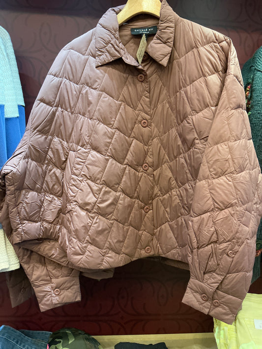 Current Air duck down cropped jacket, lightweight puffer style with a high collar and quilted design, in a neutral color.