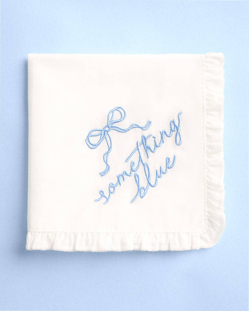 Embroidered blue handkerchief bandana by xo, Fetti with "Something Blue" design, perfect as a bride wedding gift accessory.
