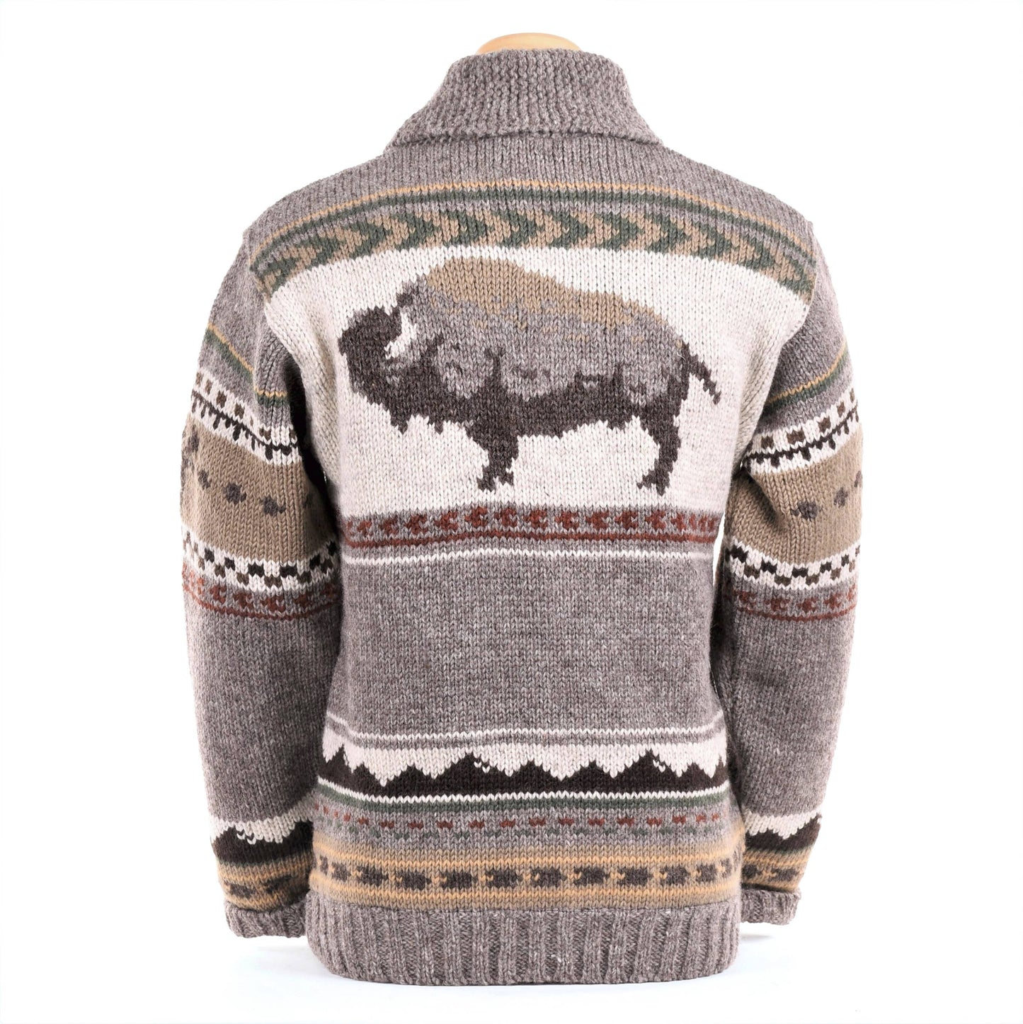 Yellowstone Heritage Wool Sweater Jacket by Lost Horizons Knitwear, close-up of the cozy, textured wool sweater with a high collar.