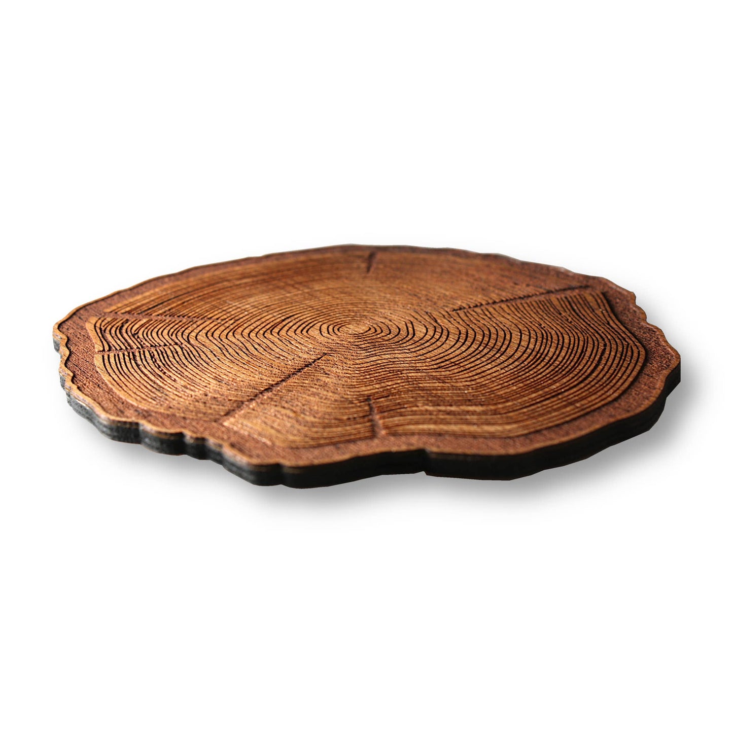 Set of four handcrafted mahogany wood coasters featuring tree stump design from WUDN Handcrafted.