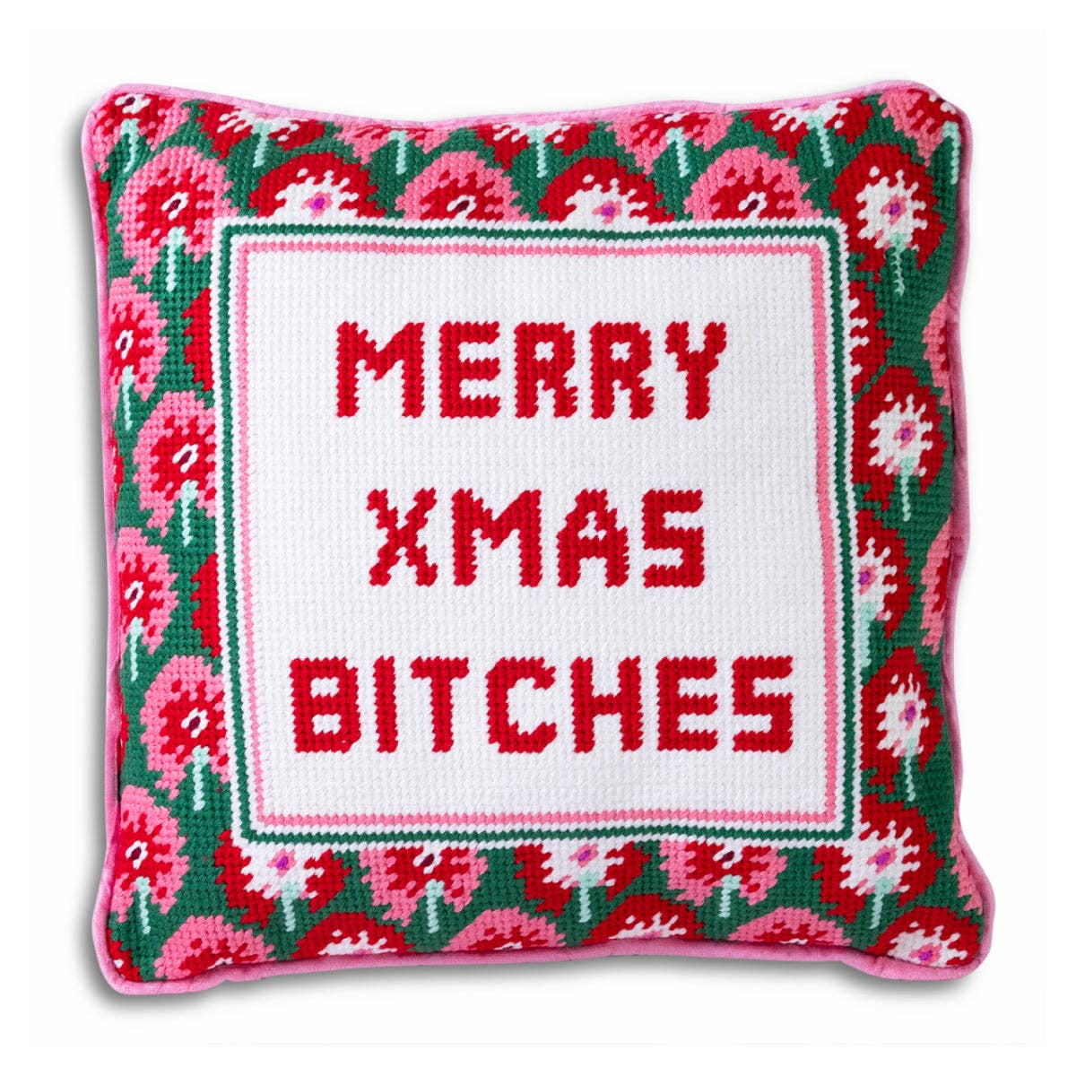 Decorative needlepoint pillow with "Merry Xmas Bitches" design by Furbish Studio, featuring festive red and white embroidery.