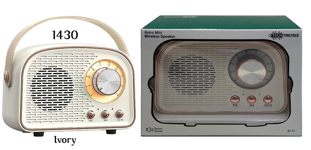 Tech Trendz retro Bluetooth speaker in vibrant red with vintage design and built-in controls, ideal for portable audio.