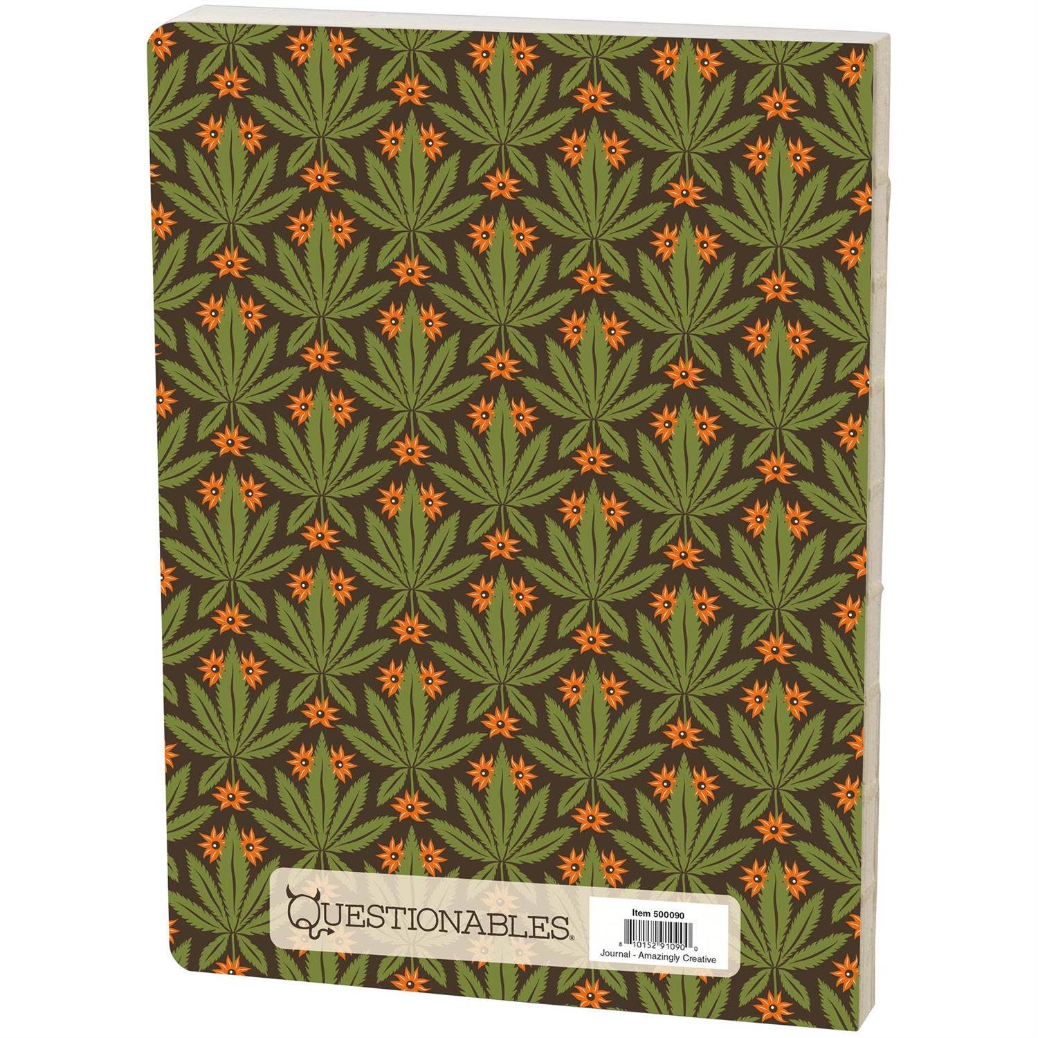 Questionables brand notepad titled "Amazingly Creative Journal" with blank pages for sketching or note-taking.