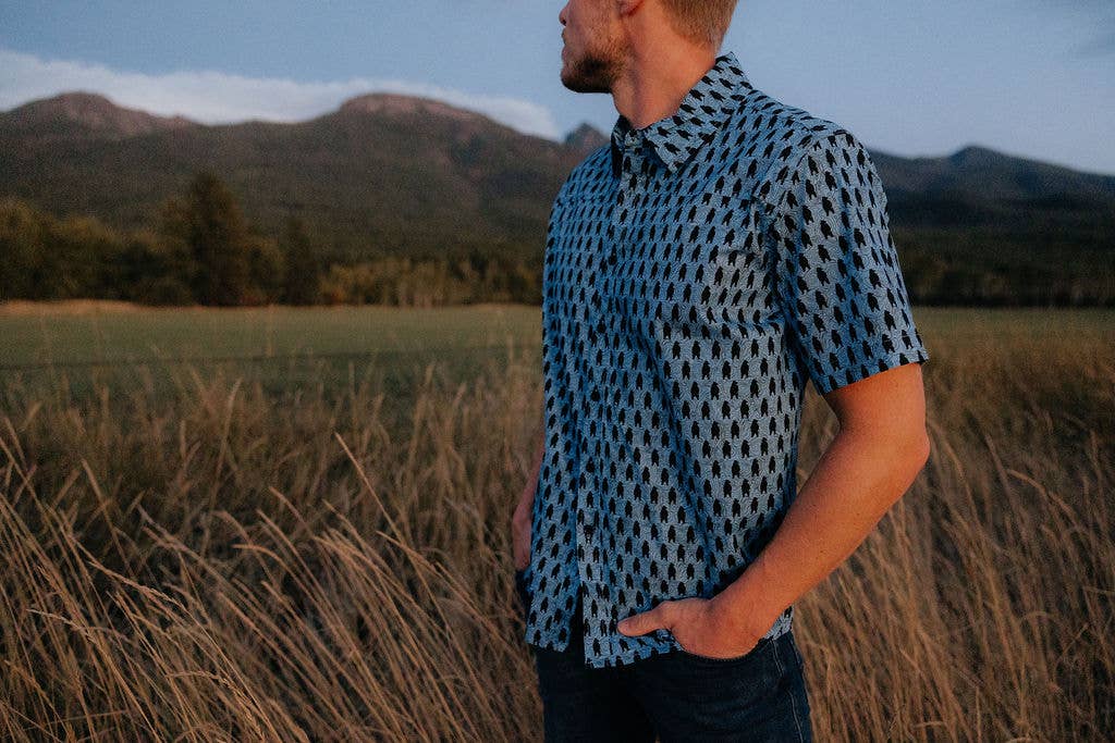 Hey Bear! men's dress shirt by Made of Mountains, featuring a button-down design and classic collar in soft fabric.