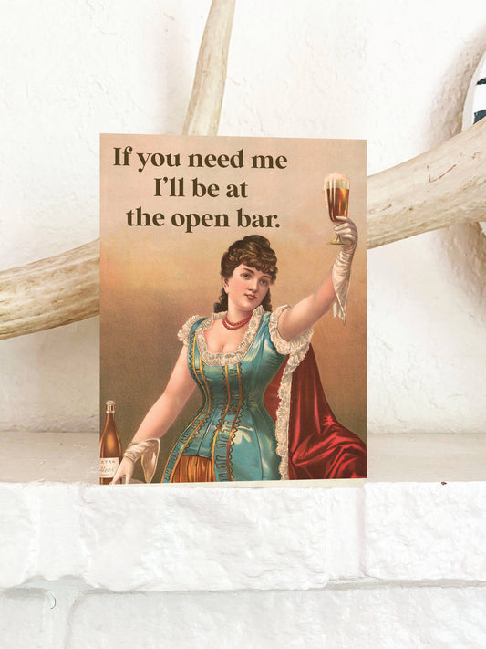 Funny wedding, graduation, and birthday card from The Coin Laundry featuring humorous "I'll be at the Open Bar" design.