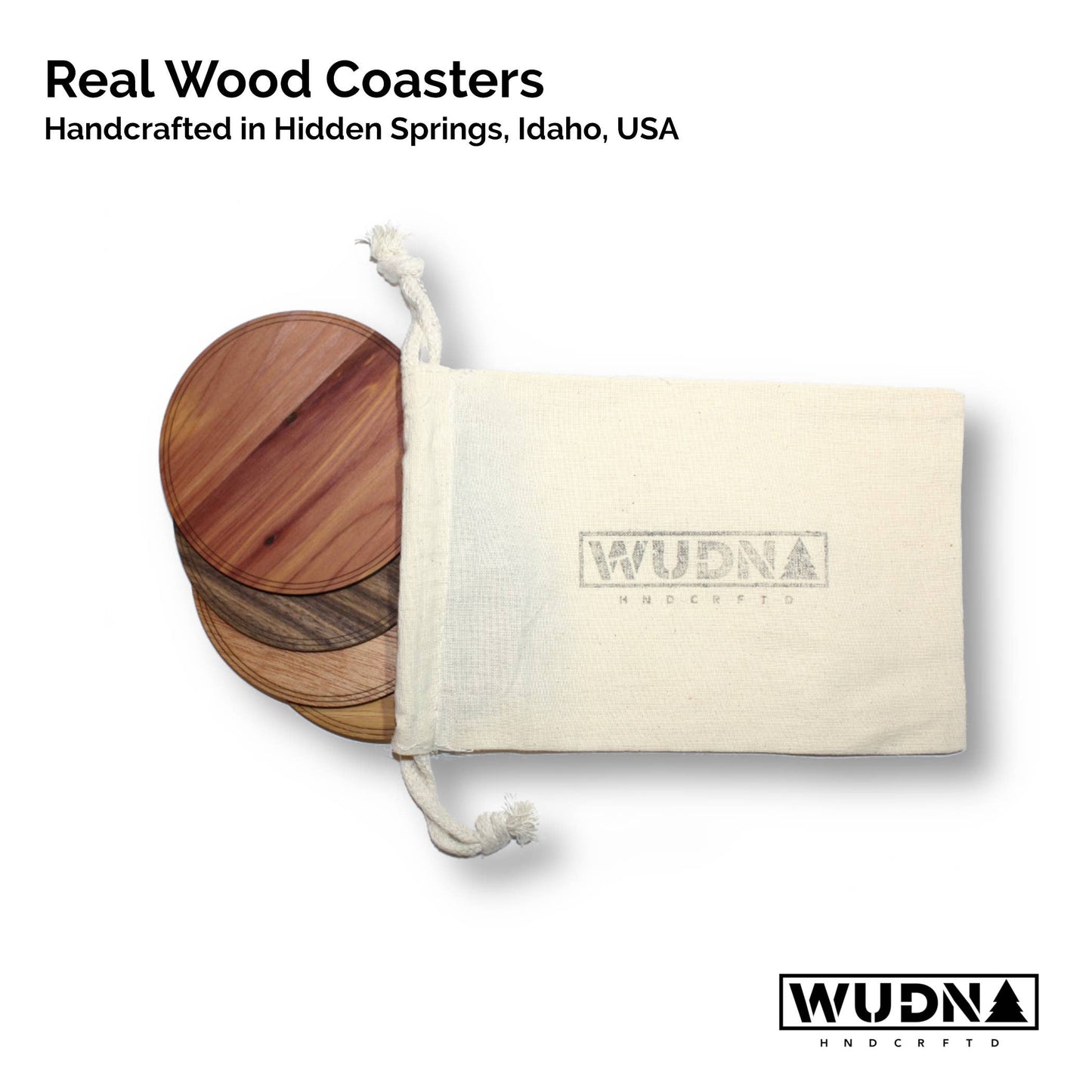 Set of four handcrafted WUDN mahogany wood coasters featuring natural tree stump design for rustic table protection.