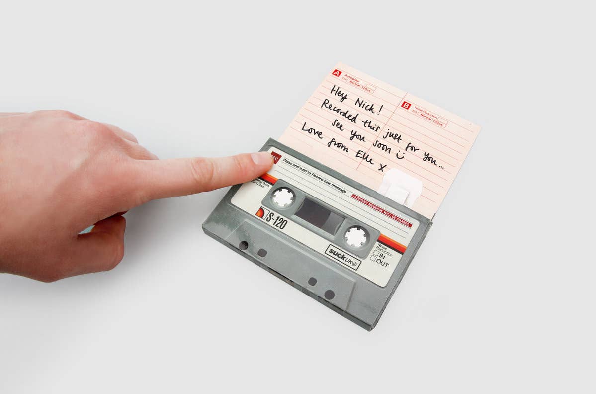 Cassette tape greetings card by SUCK UK Ltd featuring a retro-style card with space to record your own message.