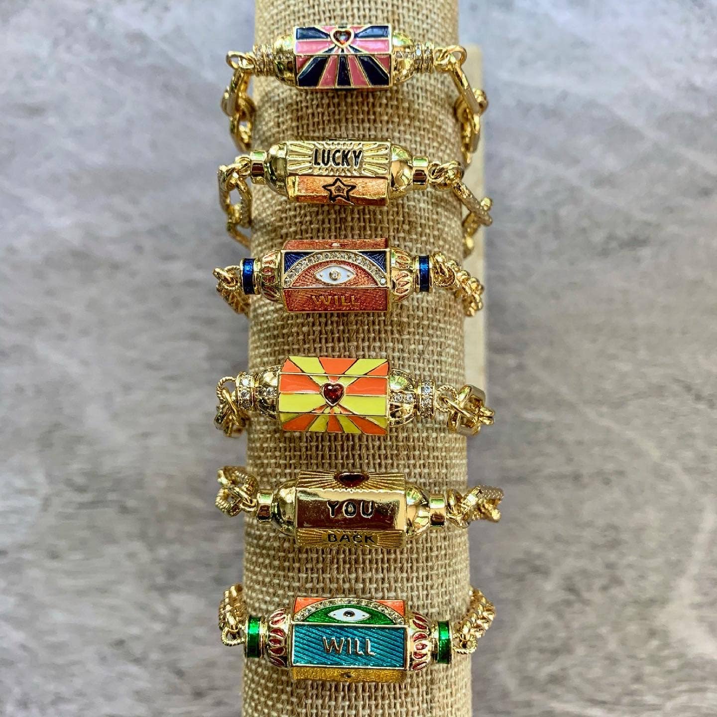 Chasing Cherubs Warhol bracelet featuring colorful, pop art-inspired design with metal links and vibrant artistic details.