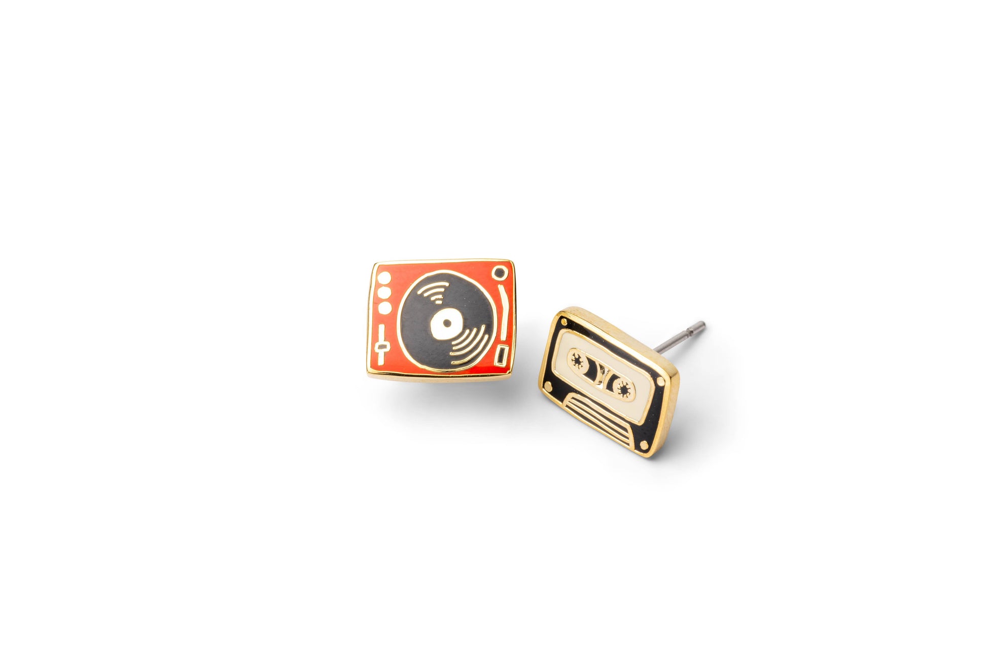 Yellow Owl Workshop record player and tape earrings, silver-toned musical jewelry earrings shown on a white background.