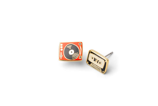 Yellow Owl Workshop record player and tape earrings, silver-toned musical jewelry earrings shown on a white background.