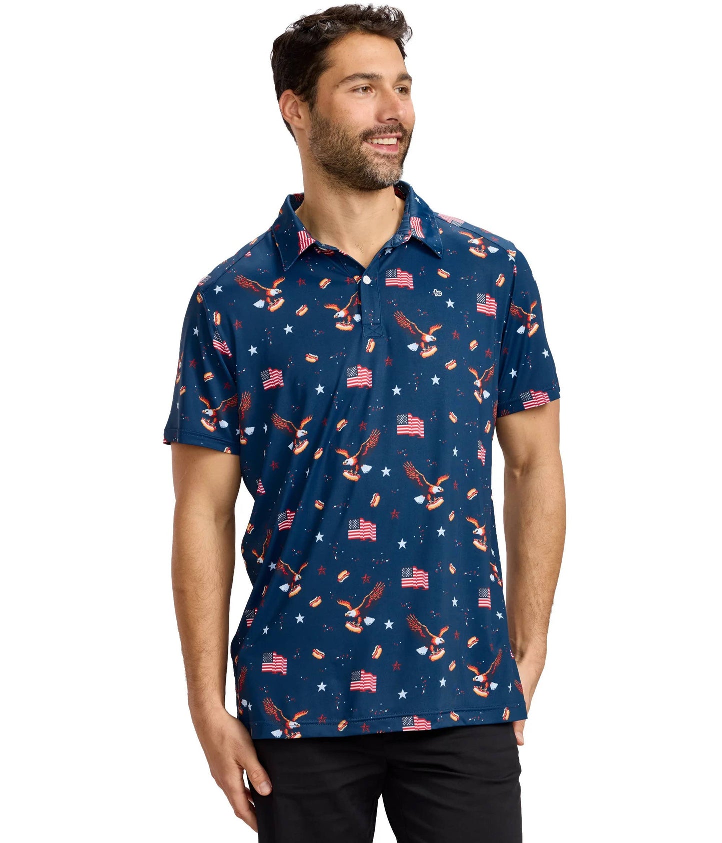Men's 8-Bit Eagle Golf Polo by Tipsy Elves featuring patriotic American flag design on a casual golf shirt