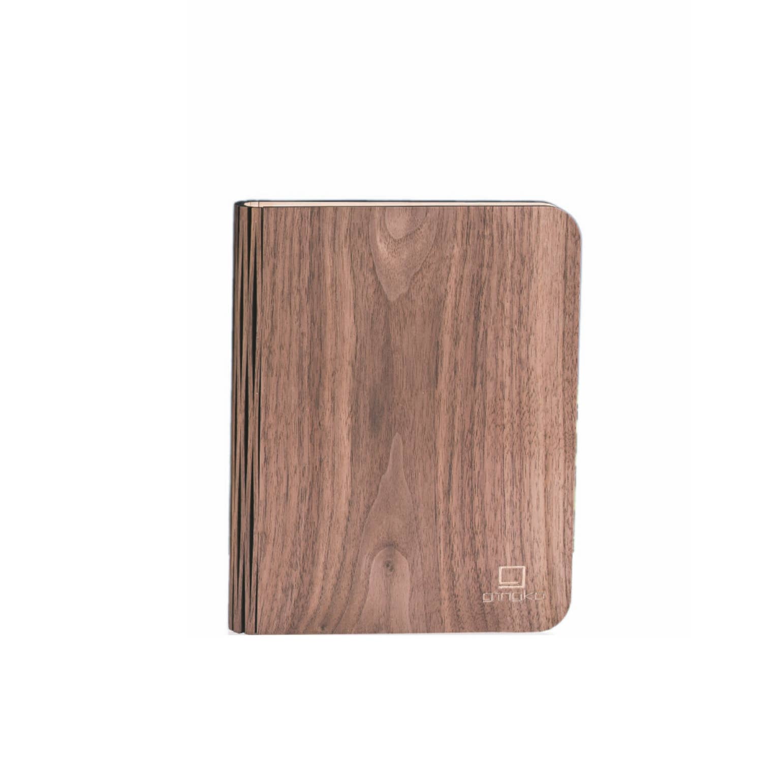 Natural wood smart book light by Gingko Design, compact lamps with adjustable brightness and sleek wooden finish.