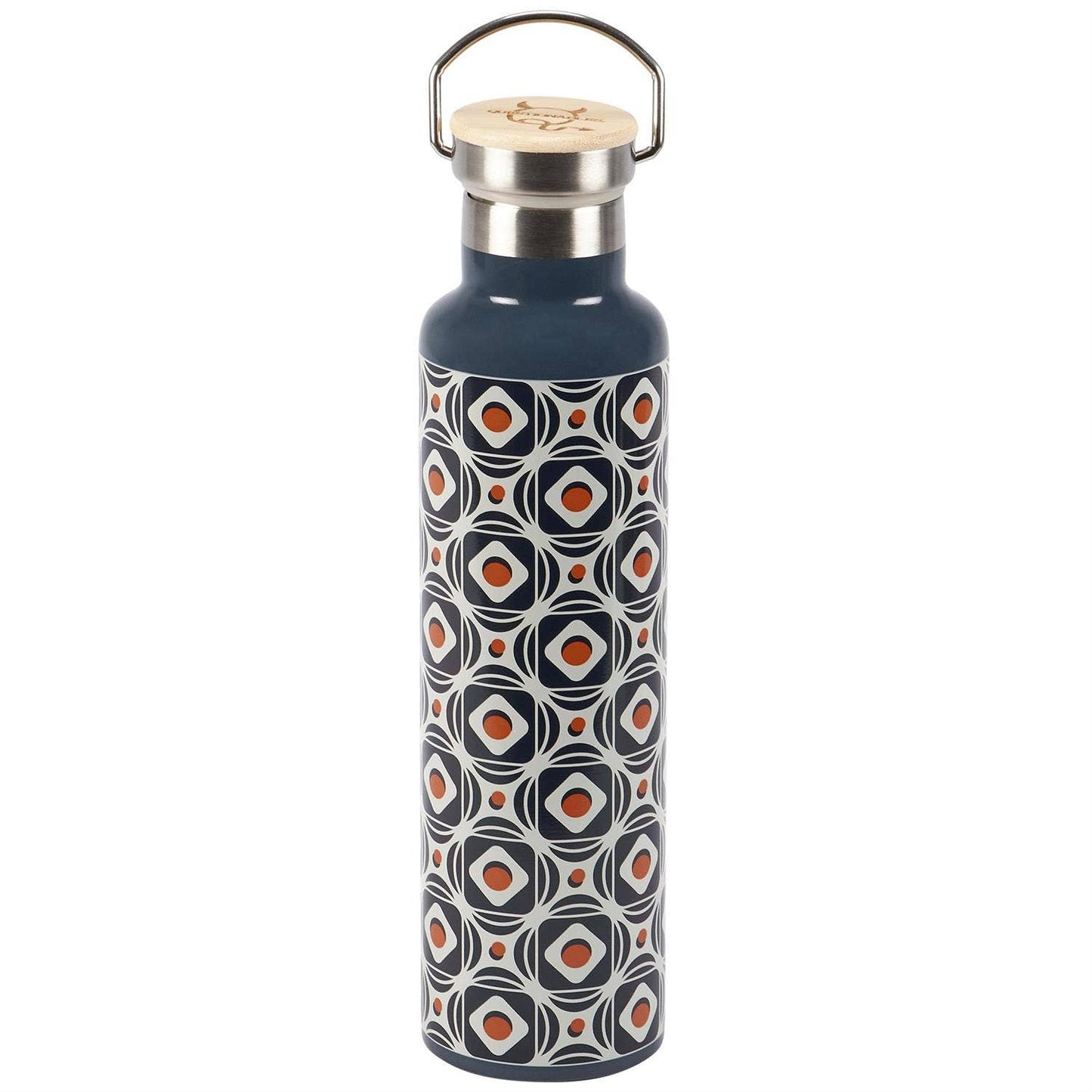 Questionables Retro Tile Insulated Glass Bottle with colorful tile pattern and stainless steel lid, ideal for hot or cold beverages.