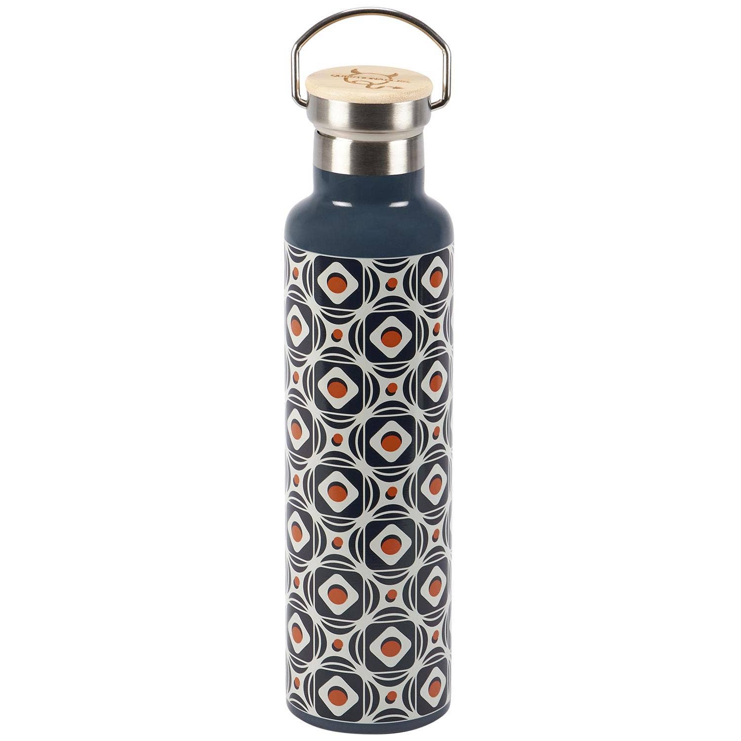 Questionables Retro Tile Insulated Glass Bottle with colorful tile pattern and stainless steel lid, ideal for hot or cold beverages.