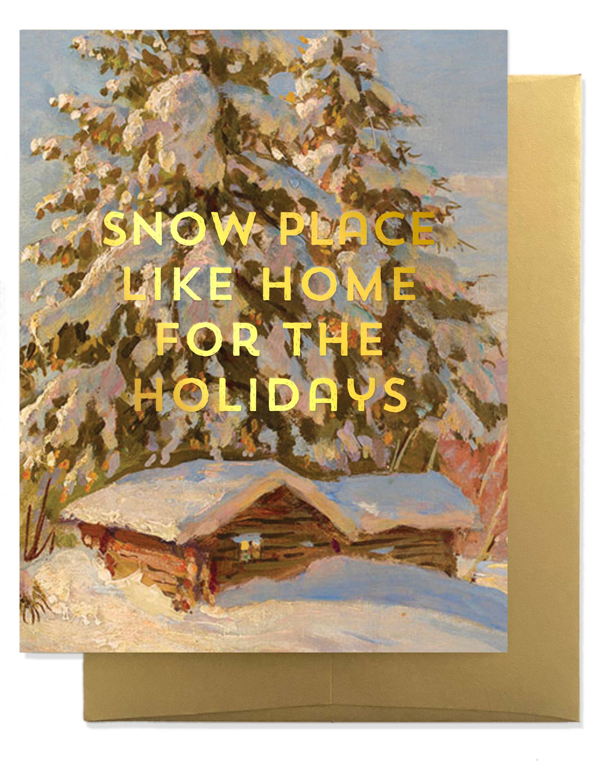 Snow Home greeting card by Billet Doux Cards featuring elegant gold foil design on a festive holiday card.