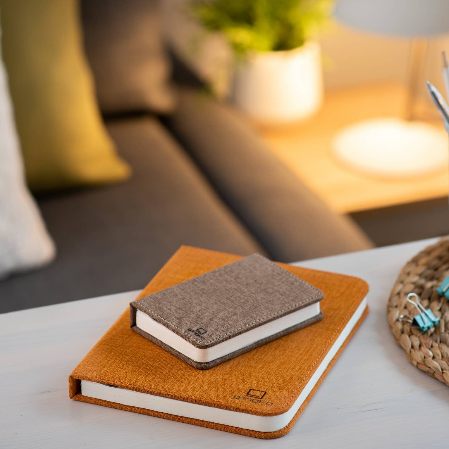 Gingko Design linen fabric smart book light lamp with soft LED illumination and elegant linen cover, perfect for reading.