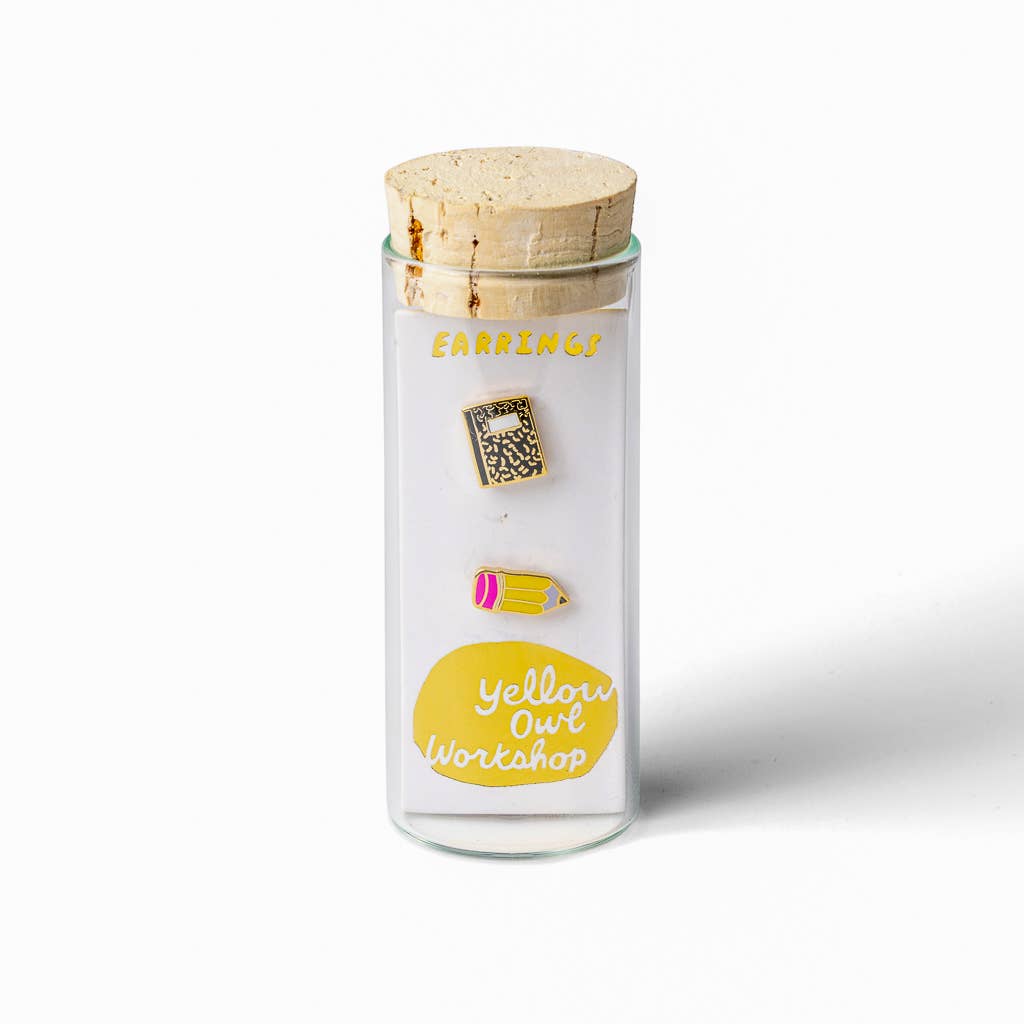 Yellow Owl Workshop gold pencil and composition notebook earrings, teacher-themed stud earrings with detailed design.
