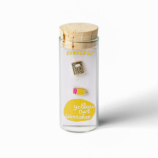 Yellow Owl Workshop gold pencil and composition notebook earrings, teacher-themed stud earrings with detailed design.