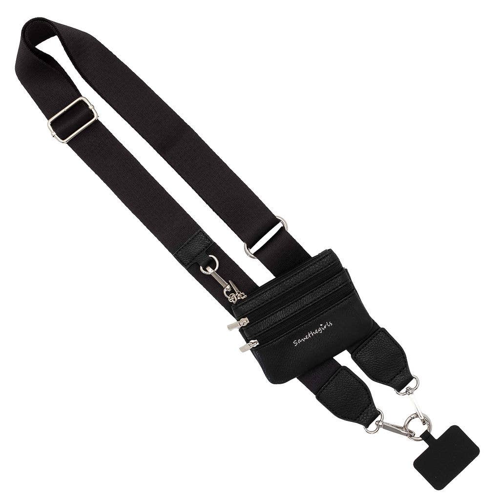 Save The Girls Clip & Go crossbody strap with zippered pouch for phones, featuring a stylish chain design and practical storage.