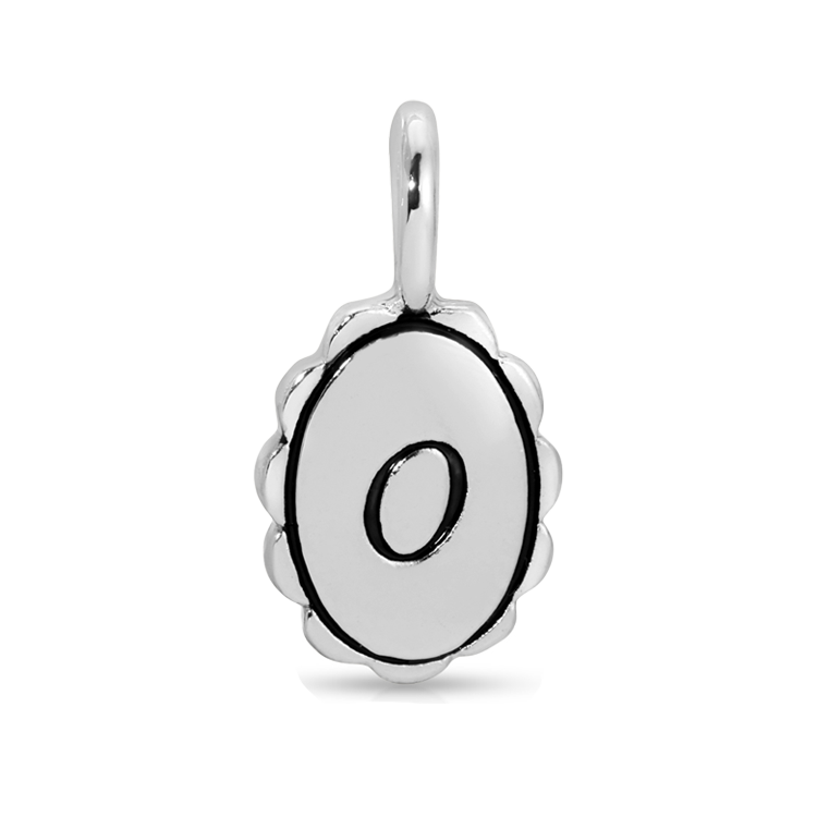 Lucky Feather Silver Charm with scalloped initial "O" design, featuring intricate detailing on a shiny silver surface.