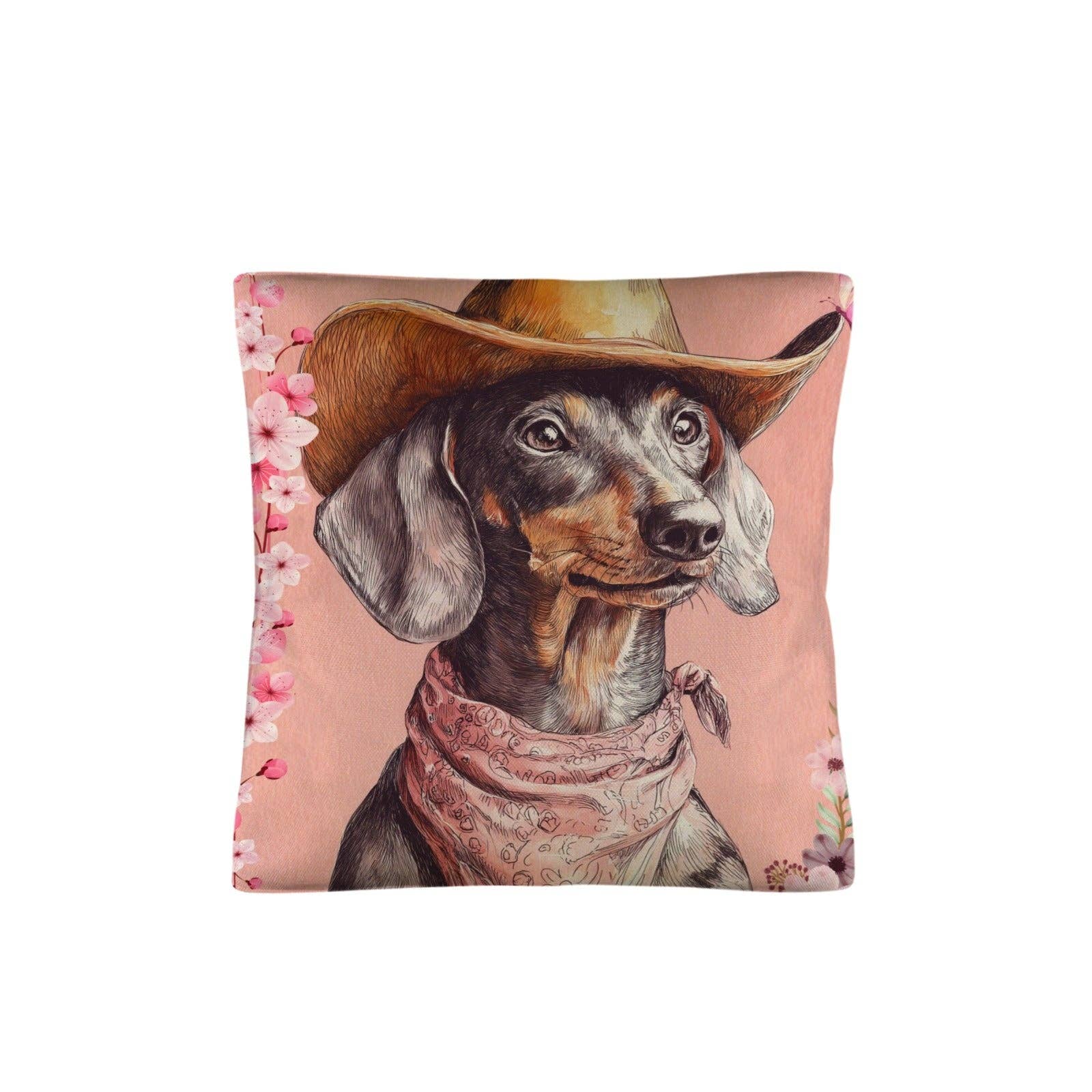Danilo painted dachshund pillow case by BAHA RANCH WESTERN WEAR featuring colorful dog artwork, made in America.