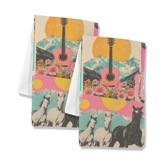Retro Pop Western kitchen dish towel by BAHA RANCH WESTERN WEAR featuring colorful Western-themed design and cotton fabric.