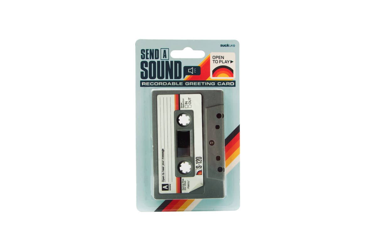 Cassette tape greeting card by SUCK UK Ltd, featuring a built-in recording feature for personalized messages inside a card.